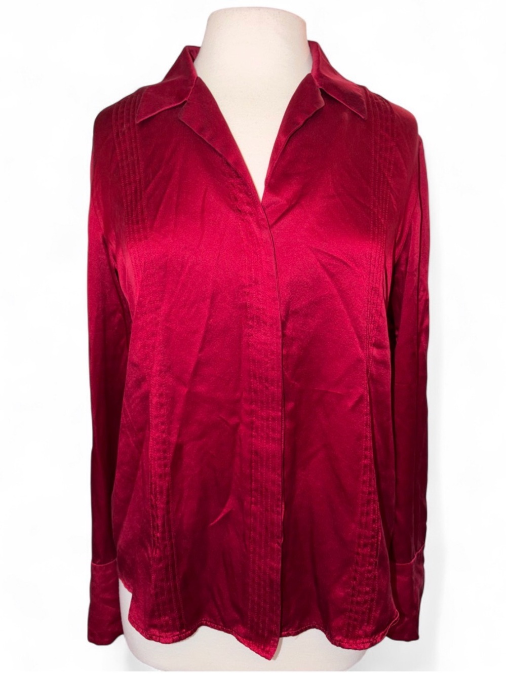 Vintage Dana Buchman 100% Silk Pleated Satin Blouse Ruby Red Size 14